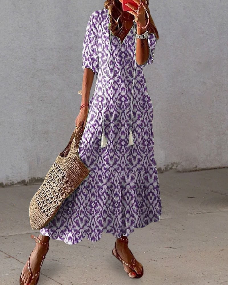 Andrea™ | Bohemian-Style V-Neck Dress with Retro Print